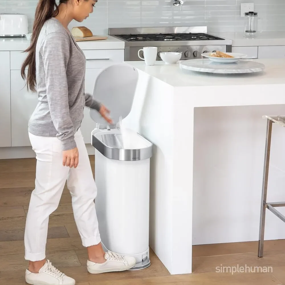 12 Gallon Step Trash Can White Stainless Steel Slim Kitchen Bin Hands Free 45L